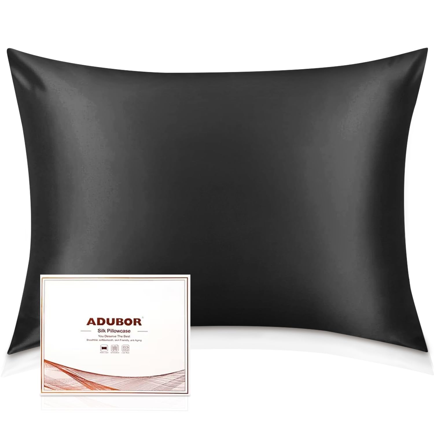 Adubor 100% Silk Pillowcase for Hair and Skin with Hidden Zipper, Both Side 22 Momme Silk,900 Thread Count (50x66CM, Black, 1pc) — image 1