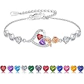 Iefil Rose Heart Bracelets for Women - 925 Sterling Silver Rose Heart Birthstone Bracelets, Anniversary Birthday Gifts for Women Wife Mom Daughter, 6"+2"