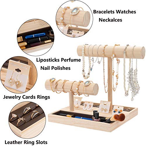 2 Tier Necklace Holder Wooden Bracelet Holder Stand T Bar Jewelry Display Stand Holder Organizer Bangle Watch Stand Holder with Ring Tray for Earring Cards Watches Bracelets Necklaces Chains