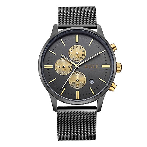 Baogela Mens black Gold Stainless Steel Chronograph Calender Alloy Quartz fashion Wrist Watch