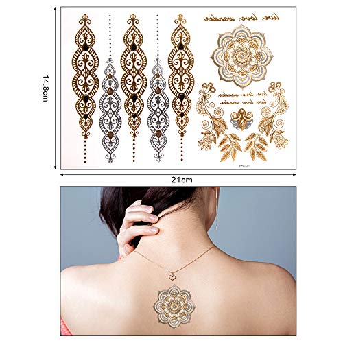 32 Sheets Waterproof Black Tiny Temporary Tattoo Metallic Gold Silver Fake Tattoo Sticker for Body Hand Neck Wrist Art Fashion - Thumbnail 3