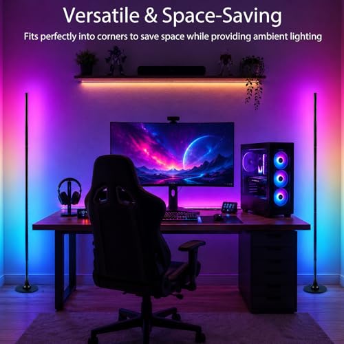 Aourow RGB Floor Lamp 120 cm, Dimmable Corner Lamp with Smart App and Remote Control | 16 million colours, music synchronisation, 100+ DIY mode and timing function for bedroom, gaming