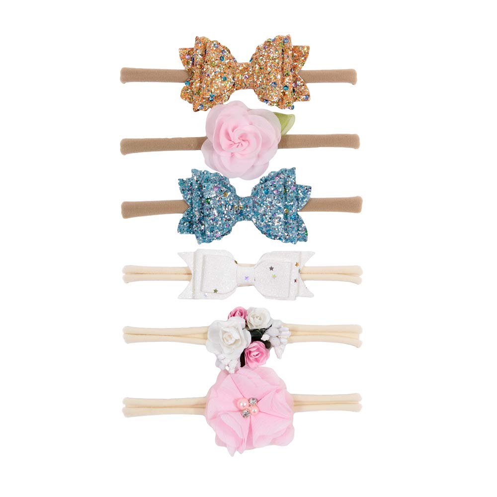 Nishine Baby Girls Nylon Headbands and Bows Toddler Glitter Bowknot Hairbands Newborn Hair Accessories Gift Party Shower (Set C-6pack)