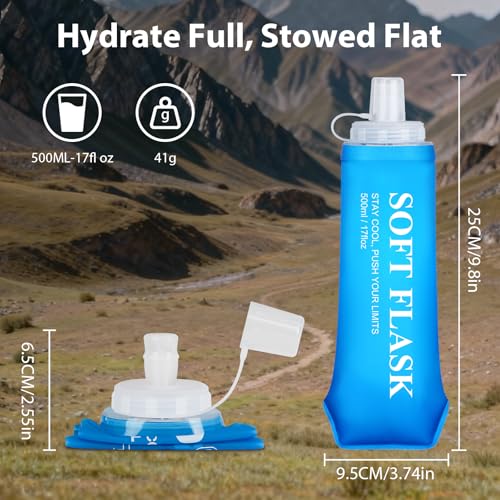 Euqvunn 2 Pcs Soft Water Bottle Running Flask 500ml Reusable BPA Free with Waterproof Cap, Foldable for Running, Walking, Hiking, Cycling