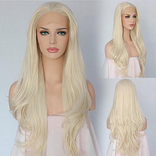 Udreamy Fashion Light Blonde Lace Front Wigs Natural Wavy Heat Resistant Fiber Glueless Synthetic Hair Wig for White Women 24 Inch