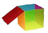 Strictly Briks THE CUBE by 3D Building Brick & Storage Container Set Pat. Pending | Compatible With All Major Brands | 6 Square Plates | Double Sided for Large & Small Bricks (Clear Neon Theme)