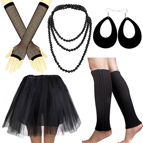 Women's 80s Fancy Outfit Costume Accessories Set Adult Tutu Skirt Long Socks Fishnet Gloves Neon Earrings Beads