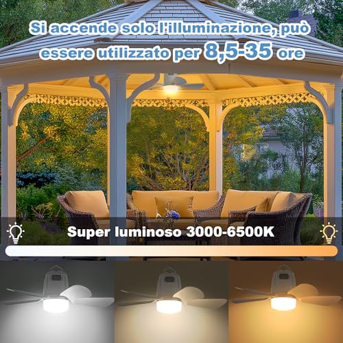 Gliztech 50 cm Outdoor Ceiling Fan, 20000 mAh Chandelier with Blades with Battery, Removable Camping Fan with Hook and Remote Control for Gazebo, Patio, Tent