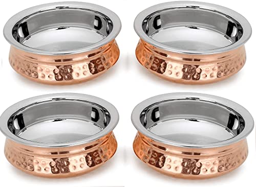 Zap Impex Copper Tableware Serving Bowl Indian Serve Ware Handi Set Tureen Copper Stainless Steel Serving Dishes (13 cm) Set of 4