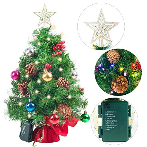 Joiedomi 23" Prelit Tabletop Christmas Tree with Multicolored Lights, Holly Berries, Pine Cones, Star Tree Topper & Ornaments for Best Holiday Season Decorations