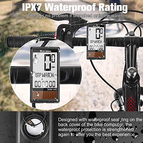 Newace Bike Computer Wireless IPX7 Waterproof Bicycle Speedometer Multi-Functional Odometer with Solar Energy Panel, Large Display and Backlight, Auto On/Off, Bike A/B Selection