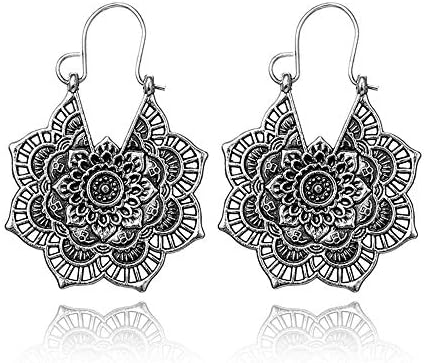 Vintage Mandala Flower Drop Dangle Earrings for Women Girl Tribal Hollow Floral Pendant Earring Clips