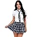 TiaoBug Women's Schoolgirl Uniform Set Cosplay Costume Short Sleeve Button Shirt with Plaid Pleated Skirt Tie White & Navy Blue X-Large