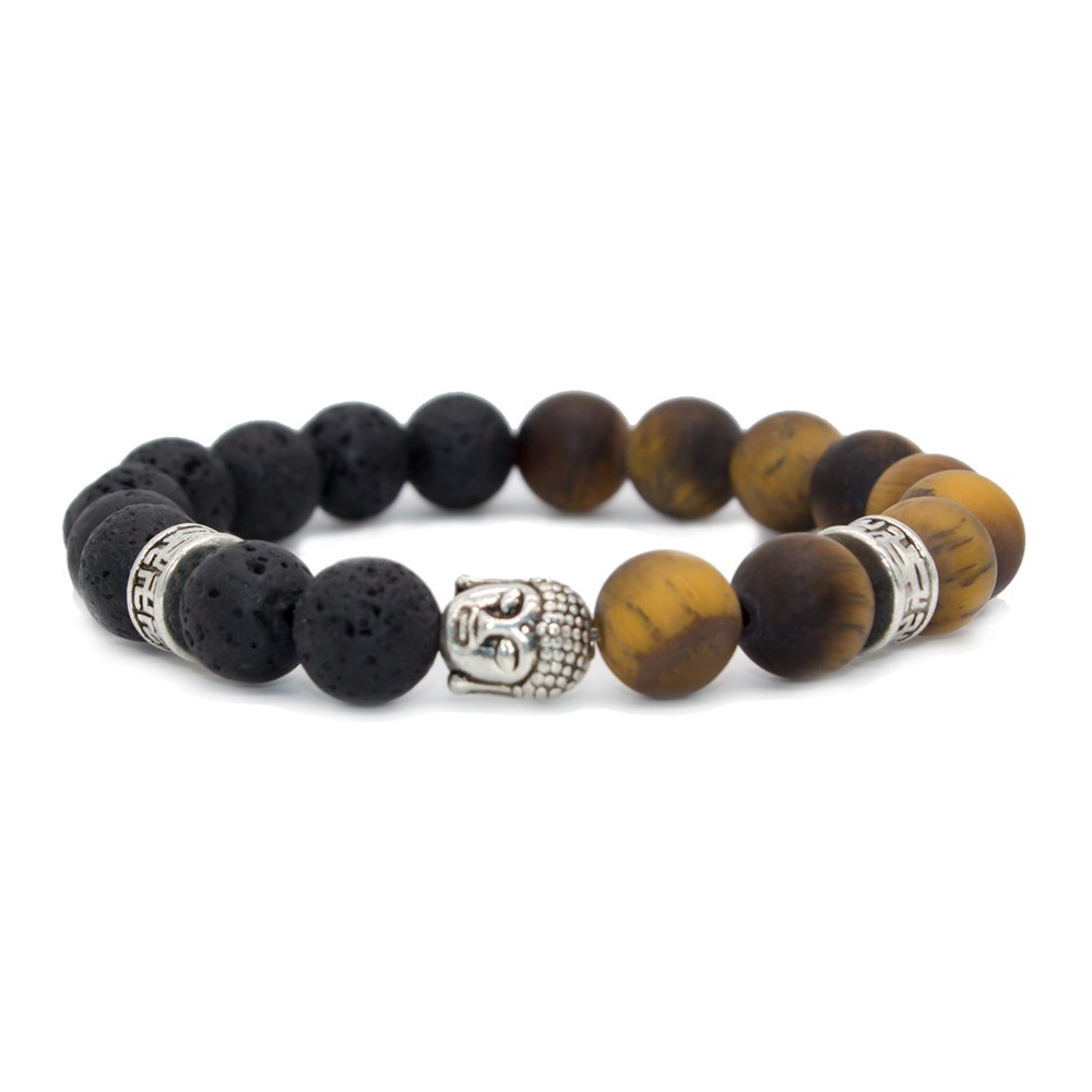 Bivei Natural Lava Stone & Tiger Eye Essential Oil Diffuser Bracelet - Buddha Head Meditation Mala