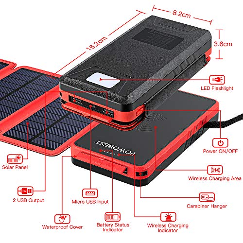 POWOBEST Solar Power Bank 20000mAh,Solar Charger,Qi Wireless Charger,Portable External Battery Pack with LED Flashlight,Cell Phone Solar Chargers,Charge 3 Devices Simultaneously 3 Solar Panels