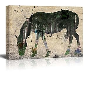 Double Exposure Silhouette of a Horse with The Image of a Green Forest Inside it - Canvas Art Home Art - 12x18 inches