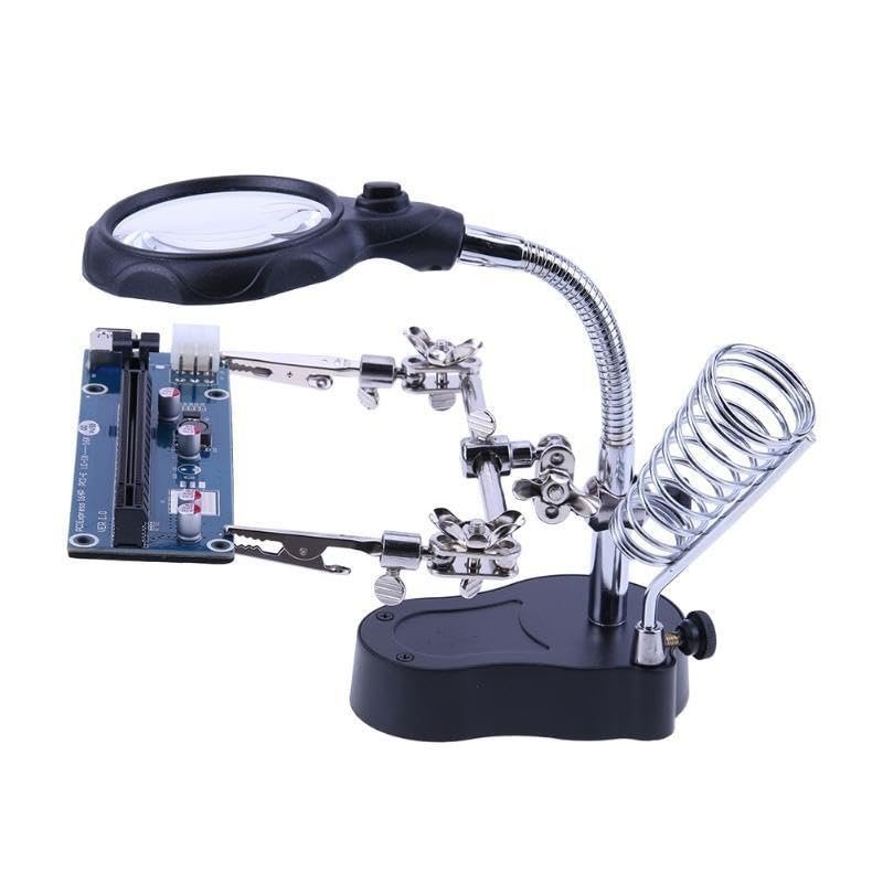 Soldering Helping Hands Magnifier Station for Soldering, Assembly, Repair,Modeling, Hobbies and Crafts, 2.5X/12X Magnifying Glass Stand with 2 LED Light, Clamp and Alligator Clips (Plastic)