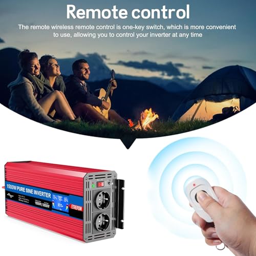 ETREPOW 1500W Inverter 12 V 220 V Pure Sine Wave Transformer with 2 EU and USB Sockets, Wireless Remote Control, LCD Display, Peak 3000 W