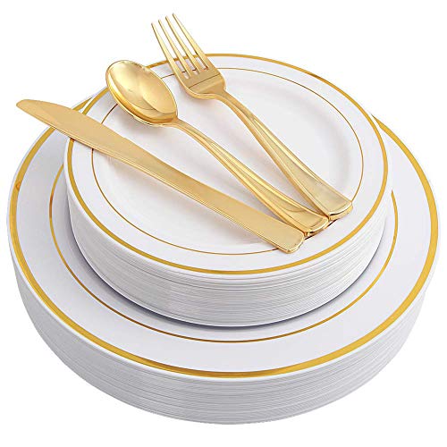 Gold Splendor 1000 Piece Pack Premium Plastic Plates and Cutlery Set for 200 Guests – 200pc 10” Dinner, 200pc 7” Salad…