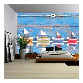 Shabby Toy Boats in a Row on a Wooden Blue Background - Concept for Cruising, Sailing, Holiday - Removable Wall Mural | Self-Adhesive Large Wallpaper - 66x96 inches