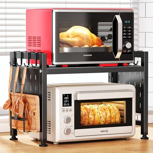 SAYZH Mikrowellen Regal, 2-stufiges Erweiterbares mikrowelle Regal Mikrowellenregal Organizer Küche mit 10 Haken, Flexibel Ausziehbar von 40-70cm, Stufiges Küchenregal mikrowellenständer, Schwarz thumbnail 1