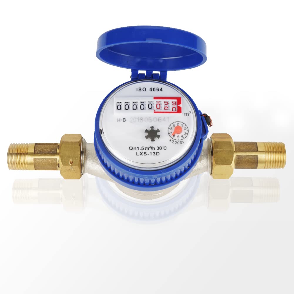 Water Meter, 15mm 1/2 inch Liquid Cold Water Gauge Flow Meter with Fittings for Garden & Home Usage