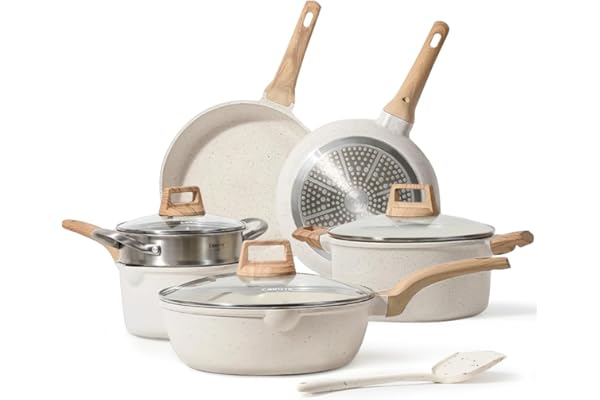 CAROTE Pots and Pans Set Nonstick, White Granite Induction Kitchen Cookware Set, 10 Pcs Non Stick Cooking Set w/Frying Pans & Saucepans(PFOS, PFOA Free)