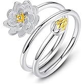 ZDIFDIC Unique Lotus Flower Triple Twist Spiral Ring 925 Sterling Silver Two-color Statement Rings Adjustable Open Ring Handmade Jewelry Gift for Women and Her