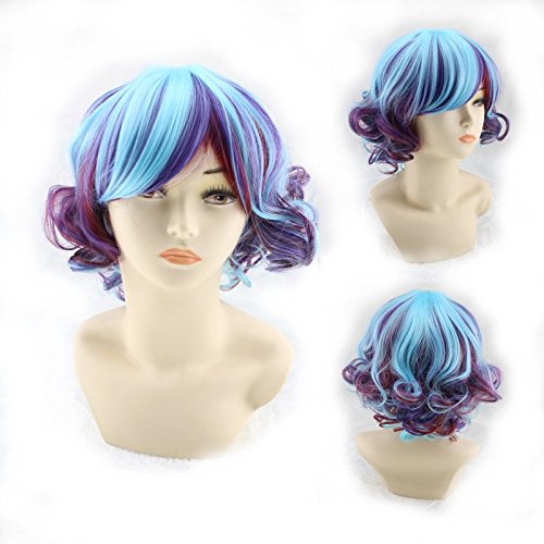 Simpleyourstyle Cosplay Wigs Lolita Short Colorful Curly Wigs (Light Blue Red Purple Mixed)