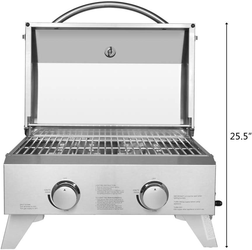 review ROVSUN Portable Propane Gas Grill, 20,000 BTU Tabletop Grill Outdoor Cooking Stove with Foldable Legs,Regulator, 2 Burner Stainless Steel for Picnic Camping Trip, Tailgating, Patio Garden BBQ Home Use