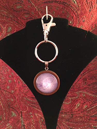 Wooden Key Chain Stunning One of a Kind Round Pendant Abstract Acrylic Pouring/Fluid Art Key Fob Silver Cabochon (25mm) Lavender, Purples and White #28 - Thumbnail 7