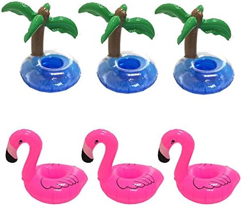 HNVOUER Inflatable Pink Flamingo Coasters and Palm Tree Drink Holder, 6 Pcs Palm Tree and Flamingo Cup Holder Floats, Inflatable Pool Party Drink Floats For Pool Party Swimming(6 Pack)