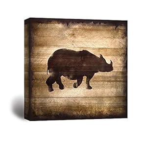 Square Canvas Wall Art - Rhino Silhouette on Rustic Wood Board Texture Background - Giclee Print Gallery Wrap Modern Home Art Ready to Hang - 12x12 inches
