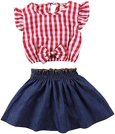 BOIZONTYToddler Baby Girl Red Plaid Outfits Ruffled Sleeve Crop Top Shirts with Bowknot+ Denim Skirt Dress Clothes Set