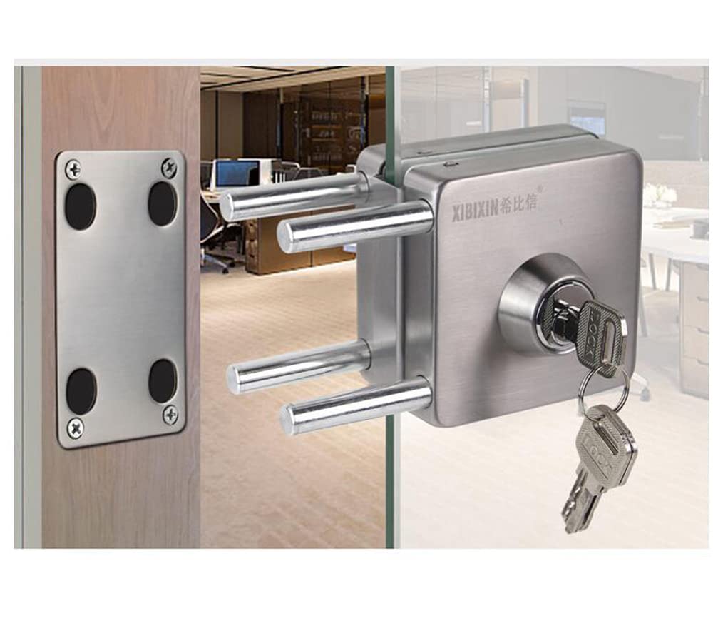 ZONADAH Glass Door Lock 201 Stainless Steel Square Brushed Finish with Handle, Single Open Frameless Door Lock for 10-12mm Thick Glass, Home Office Hotel Furniture Fittings