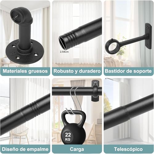 Barra de Cortina Negra, Barra Cortinas Extensible Industrial, Barra Extensible Cortina de 25 mm de Diámetro, Barra de Cortina para Montaje en Techo para Ventanas (Negro esmerilado, 48-84 pulgadas)
