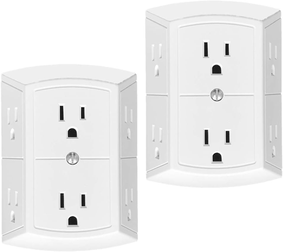 6 Outlet Grounded Three Sided Wall Adapter Tap, Oviitech Multi Spaced Outlet Plugs,ETL listed/White (2 Pack)