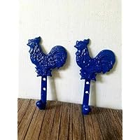 Bright Blue Rooster Hooks Set of 2 - Country Kitchen Home Decor - Wall mounted cast iron Rustic - screws included