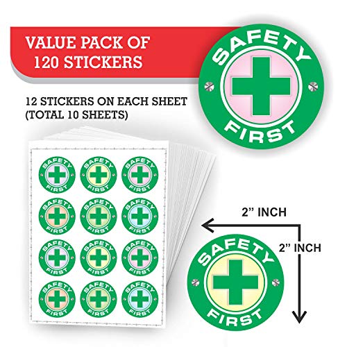 Safety First Stickers - (Pack of 120) 2" Large Laminated Vinyl Decals for Construction Hard Hat Motorcycle Welding Helmet Toolbox Labels