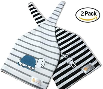 Baby Hat Newborn, Adjustable Top Knot Hat, Beanie Hats Stripe, Two Pack, 100% Soft Cotton, Hospital Hat, Perfect Baby Shower Gift, Cute Amu the Turtle and Joie the Rabbit Print
