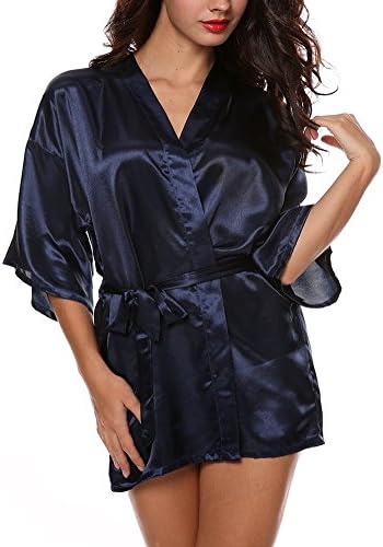 Jaylaka Women's Kimono Robe Satin Lounge Bridesmaids Robe Short Style (Navy blue, L)