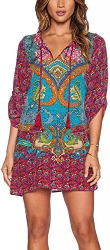 WIWIQS Womens Bohemian Neck Tie Vintage Printed Ethnic Style Summer Casual Beach Dress