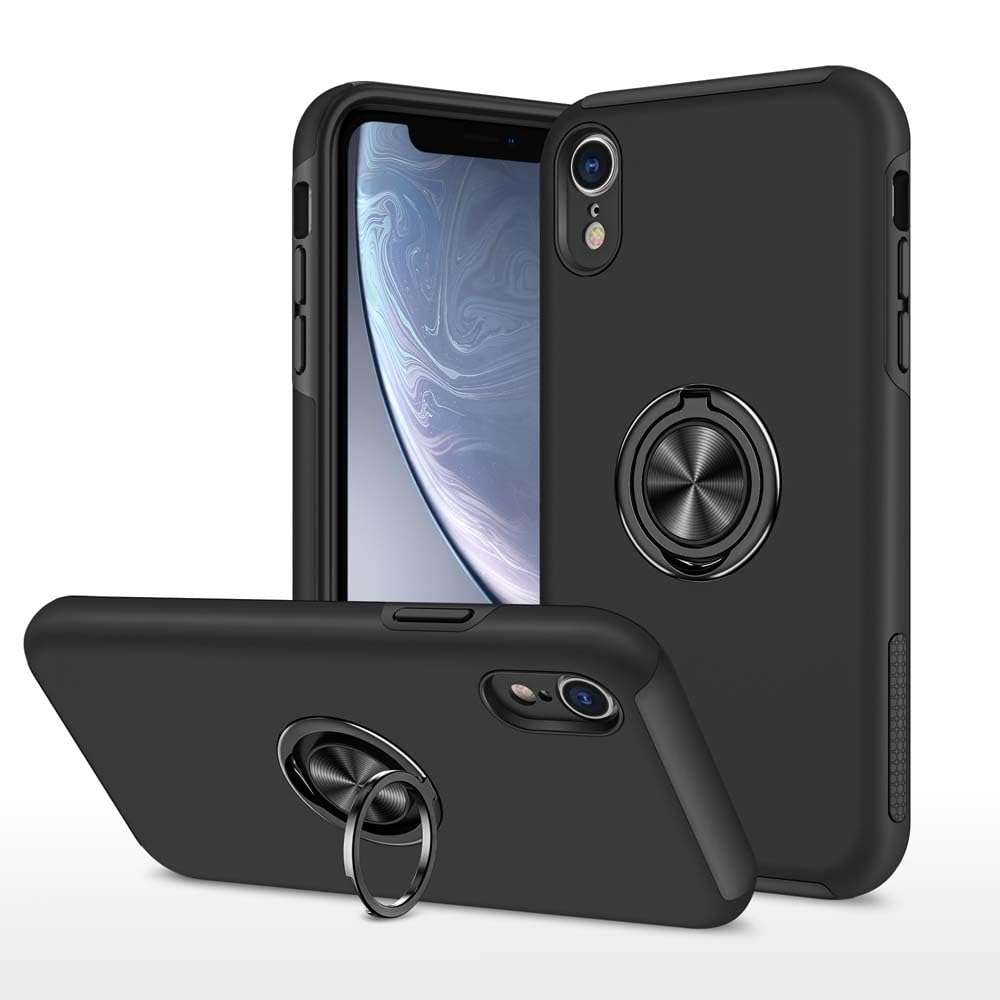 XYZNTMF compatible with iPhone XR Case Built-in Ring Holder Shockproof Silicone Bumper Matte Hard PC Phone Case Magnetic Car Mount Drop Protective Skin Cover Case for iPhone XR, Black