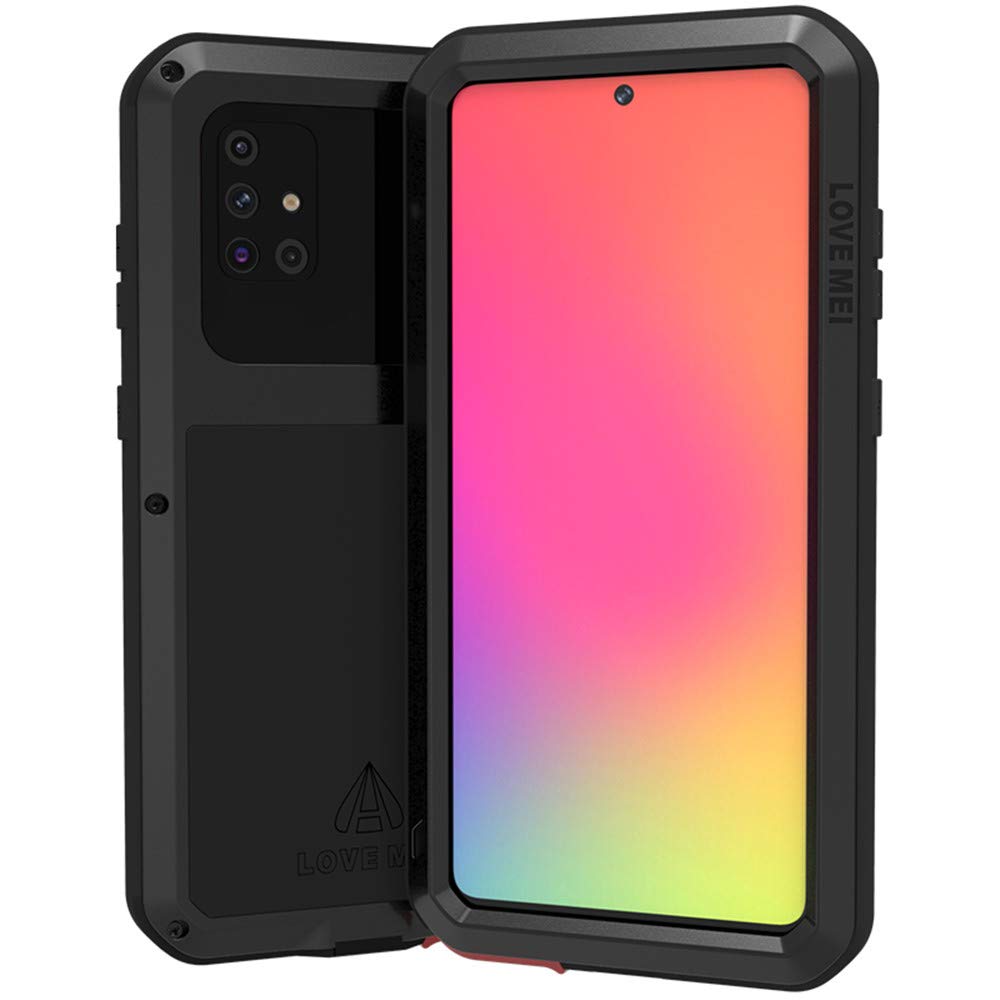 LOVE MEI Compatible With Samsung Galaxy A71 Case, Aluminum Metal Gorilla Glass Waterproof Shockproof Military Heavy Duty Sturdy Protector Cover Hard Case Black