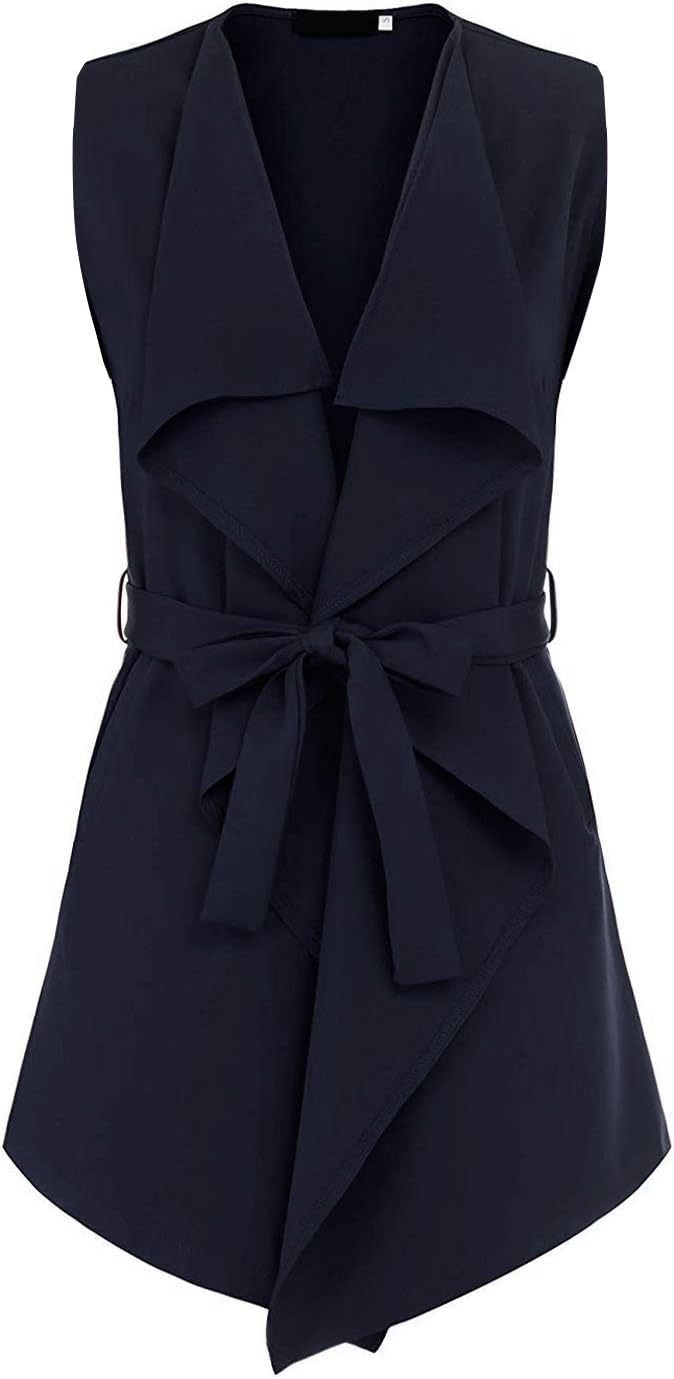 UAUNG Women's Trench Cardigan Casual Waterfall Collar Pockets Wrap Sleeveless Vest w/Belt