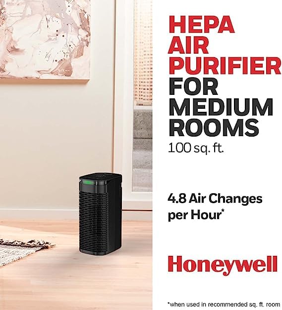 Honeywell HEPA Air Purifier for Home, 488 Ft² Rooms in 1 hour, Auto Mode, Air Quality Indicator, Reduces Allergens, Dust, Pollen, Pet Dander, All Smoke Types, Odors, Black, HPA080