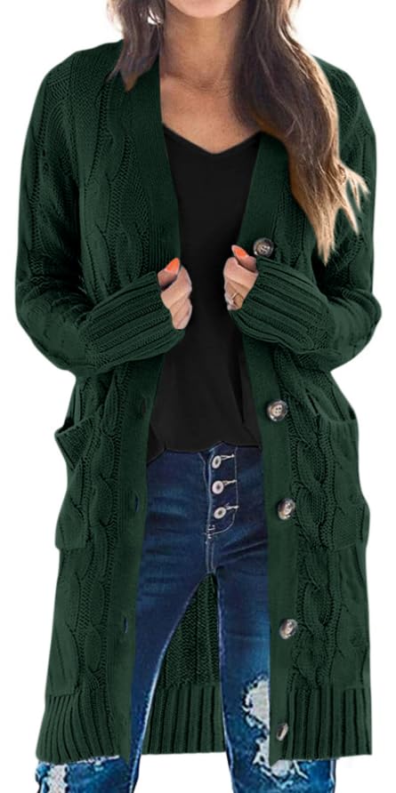 PRETTYGARDEN Long Sleeve Cable Knit Long Cardigan for Women 2025 Fall Winter Chunky Open Front Button Sweaters with Pockets(Dark Green,X-Large) Image PRETTYGARDEN Long Sleeve Cable Knit Long Cardigan for Women 2025 Fall Winter Chunky Open Front Button Sweaters with Pockets(Dark Green,X-Large) Image