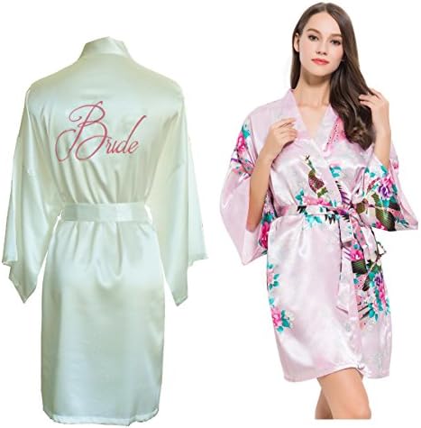 Set of 2 Satin Kimono Dressing Gowns/Robes- 1 Ivory Embroidered "BRIDE" & 1 Peacock Design, Wedding Gift/Favour for Bride & Bridesmaid