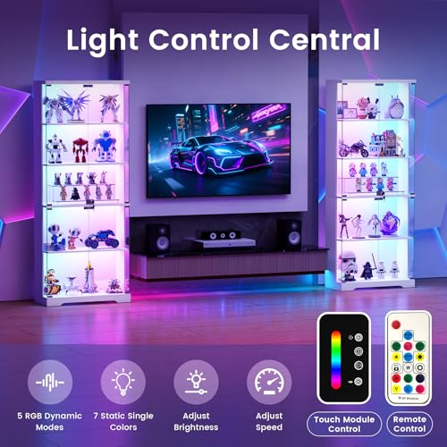 Dystler 69" RGB LED Display Cabinet 5-Tier Shelves & Lockable Glass Doors | 12 RGB Modes, Motion Sensor Auto-Light, Push-to-Open Glass Doors, Lockable, 5-Tier Wooden Shelf