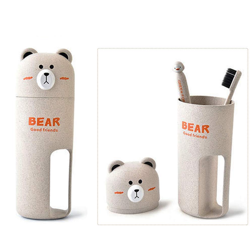 Travel Toothbrush holder and toothbrush Set，Bear Portable Business Wash Cup Holder (Beige)